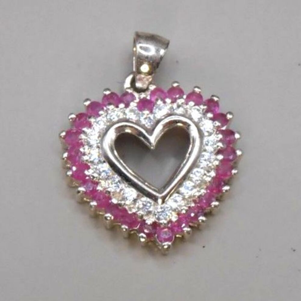 VTG Ruby & White Tourmaline Heart Pendant 925 Thai – Silver Plated, 3/4"